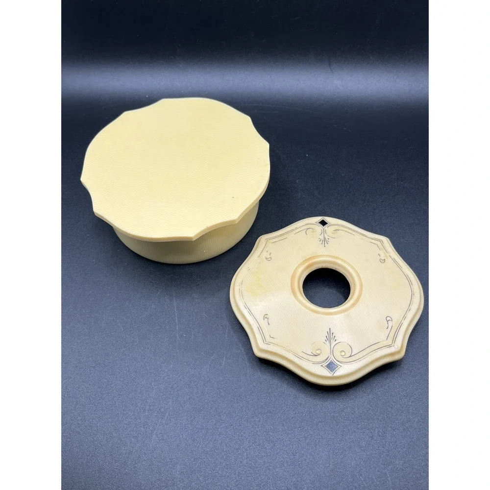 Vtg Antique Tan Celluloid Hair Receiver Vanity Dresser Decor Shabby Chic Octagon